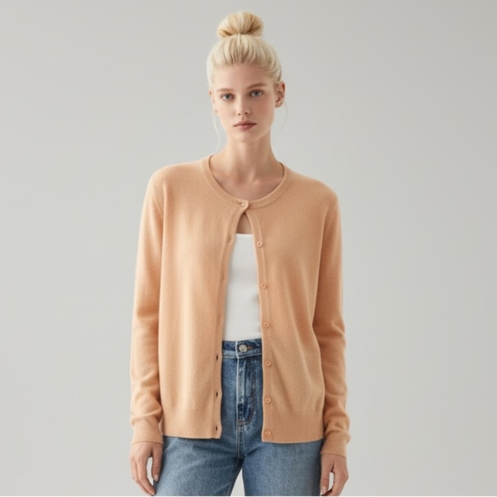 MAG for Bloomingdale’s Classic Crewneck Button-Front Tan Cashmere Luxe Cardigan